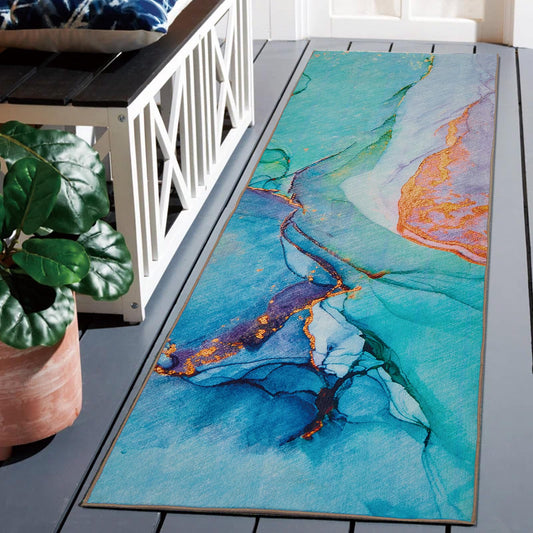 2.3' x 7.5' Washable Indoor Outdoor Teal Runner Rug for Hallway, Kitchen, Stain Resistant, Easy Clean, Modern Runner Rug for Indoor/Outdoor Patio, Deck, Kitchen, Hallway, Bathroom