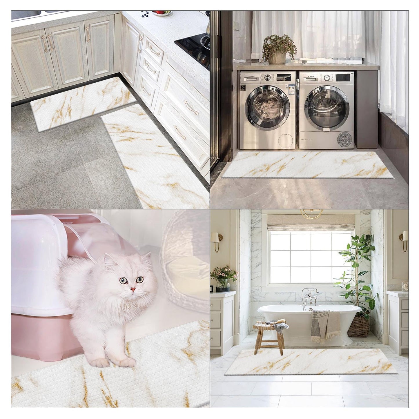 Arttown Marble Anti-Fatigue Kitchen Rug Set of 2 White Golden Gold Modern Cushioned Floor Mat, Standing Waterproof Non-Slip Kitchen Mat and PVC Ergonomic Comfort Foam Rug