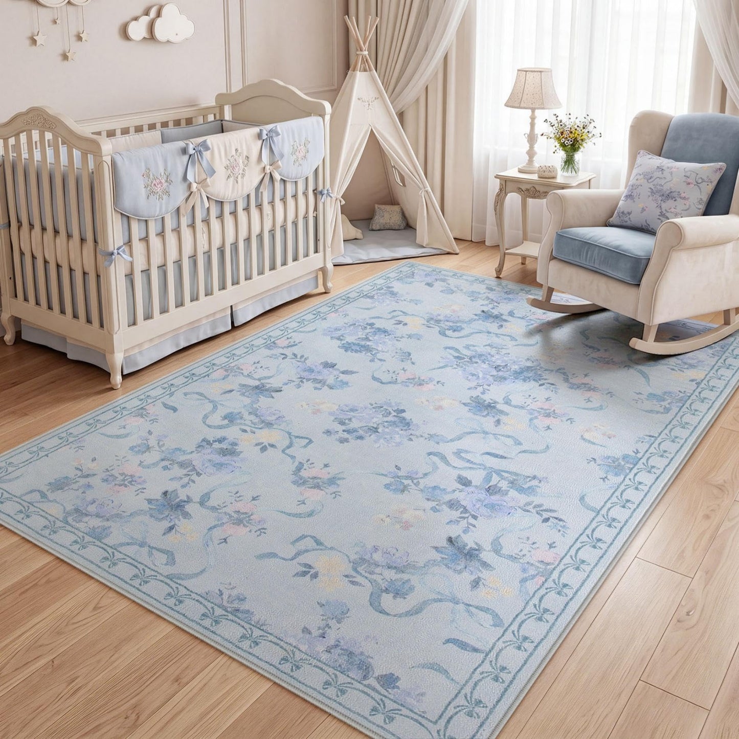 Tribesigns Bow Floral Blue 5x7 Area Rugs for Living Room, Washable Soft Cute Rug for Bedroom Nursery, Border Non Slip Low Pile Coquette Printed Indoor Dining Room Carpet for Kids Playroom, Blue/5x7