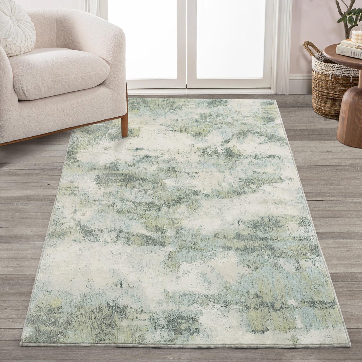 Carvapet Rugs for Entryway, 24"x36" Green Modern Abstract Low Pile Carpet with Rubber Backing, Foldable, Non Slip Machine Washable Entrance Mat (3 x 2 Feet Rectangular, Sage Green Area Rug)