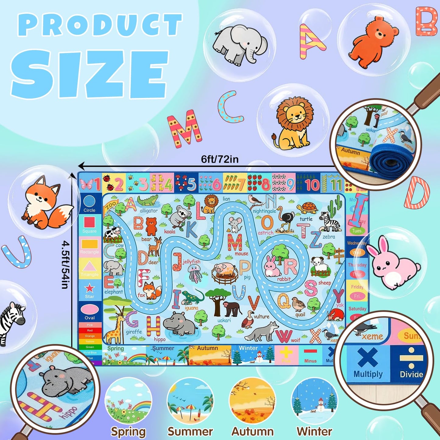 HBUFBUQ 4.5x6 Feet Kids Rugs for Playroom Bedroom, Educational ABC Alphabet Area Rug with Animals Numbers Seasons, Washable Play Mat for Classroom Nursery, Boys Girls Non Slip Learning Carpet