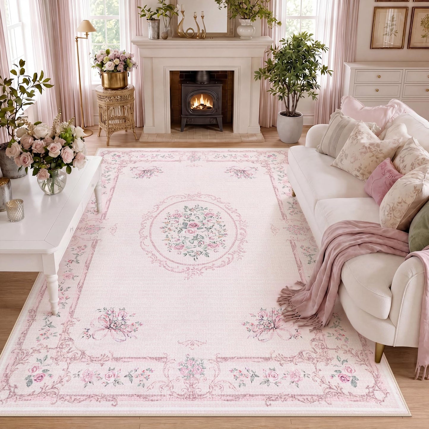Tribesigns Floral Bow Pink 8 x 10 Area Rug for Girls Bedroom, Soft Washable Rose Medallion Nursery Living Room Rugs, Large Non-Slip Low Pile Boho Floral Carpet for Dorm Kids Playroom, Pink/8x10