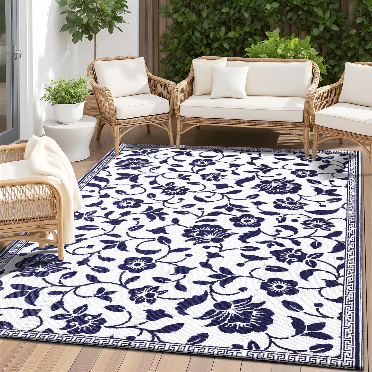OLANLY Waterproof Outdoor Rug 4x6 ft, Outdoor Plastic Straw Rug with Flower Pattern, Reversible RV Mat for Patio, Camping, Balcony, Deck, Backyard, Navy & White