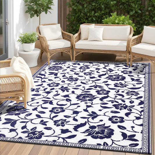 OLANLY Waterproof Outdoor Rug 4x6 ft, Outdoor Plastic Straw Rug with Flower Pattern, Reversible RV Mat for Patio, Camping, Balcony, Deck, Backyard, Navy & White
