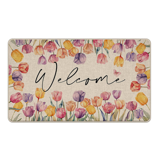 Livcoz Spring Summer Tulip Flower Welcome Front Door Mat, Watercolor Flower Butterfly Decorative Doormat Non-Slip Floor Entryway Rug, Farmhouse Indoor Outdoor Home Kitchen Decoration 17x29 Inches