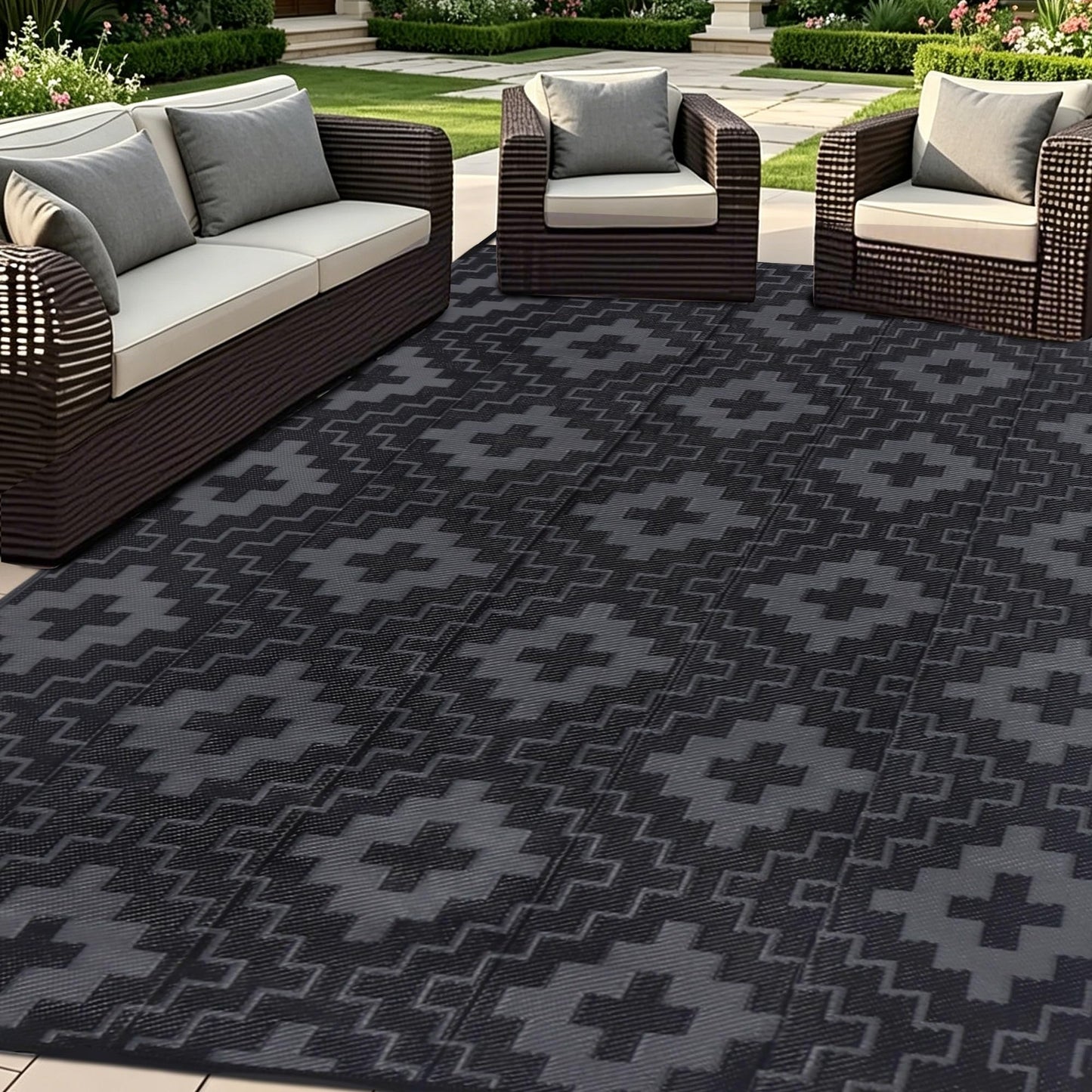SAND MINE Waterproof Outdoor Rug 6x9 ft, Reversible Plastic Straw Area Rug, Large Floor Mat for Patio, Backyard, Deck, RV, Camping, Picnic, Beach, Balcony & Porch - Black & Grey