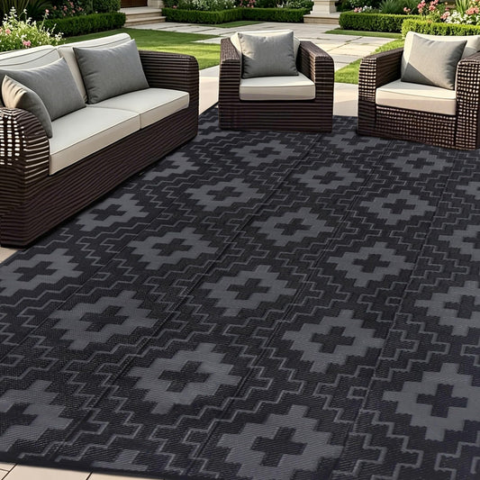 SAND MINE Waterproof Outdoor Rug 6x9 ft, Reversible Plastic Straw Area Rug, Large Floor Mat for Patio, Backyard, Deck, RV, Camping, Picnic, Beach, Balcony & Porch - Black & Grey