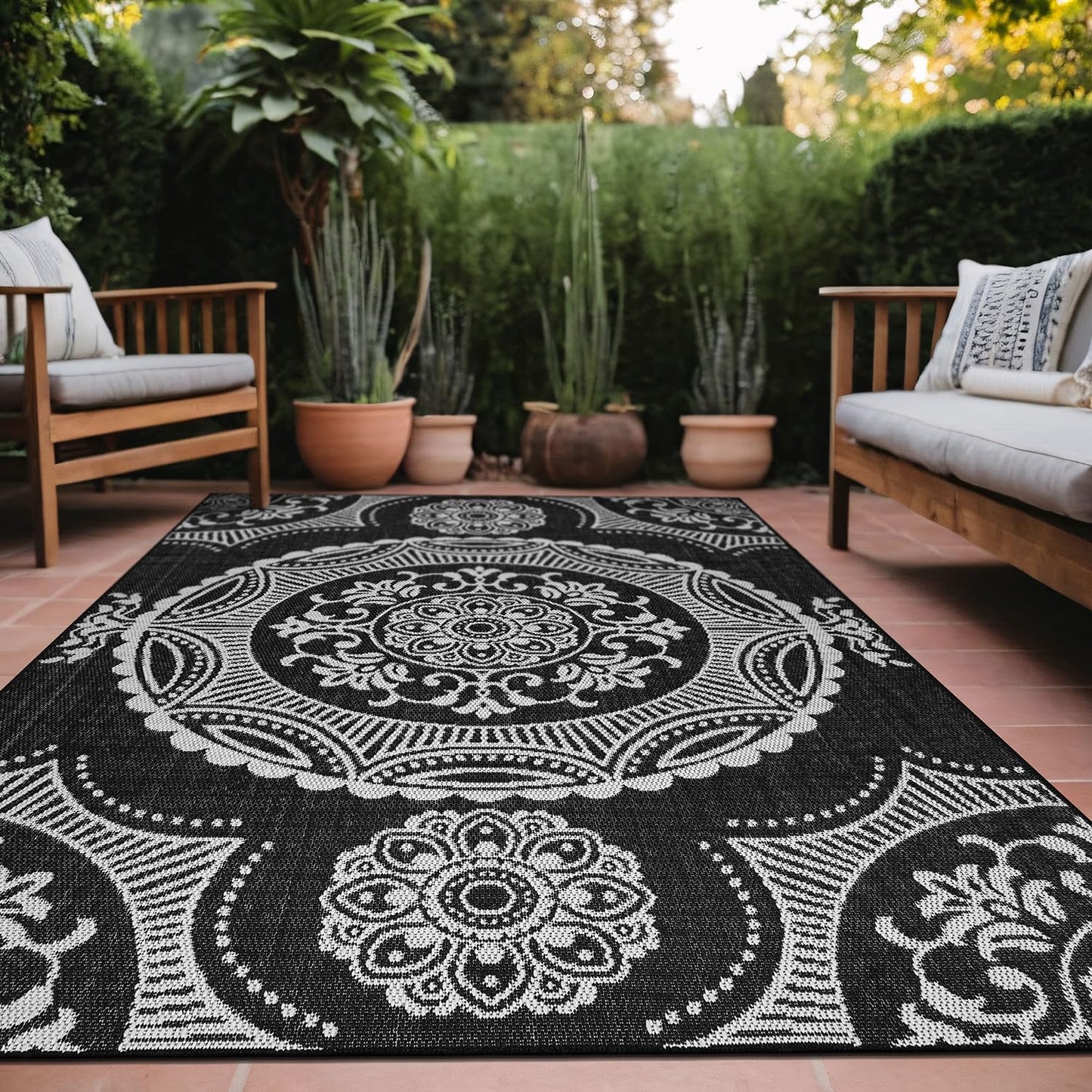 Luul Home Medallion Outdoor Rug 8x10 Washable Outside Carpet for Indoor Patio Porch Waterproof Easy Cleaning Non Shedding Area Rugs Black 8 x 10