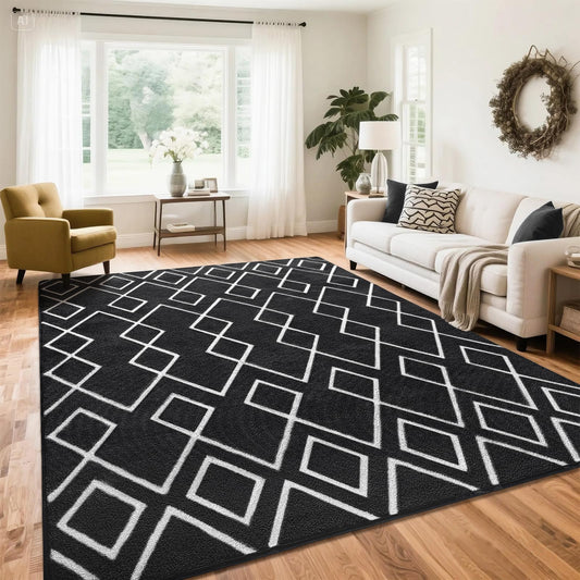 Rtizon Soft Area Rug for Bedroom, 6x9Ft Moroccan Rugs for Living Room, Geometric Non-Slip Carpet with Memory Foam for Boys Girls's Bedside Office Dining Room Farmhouse,Black and White