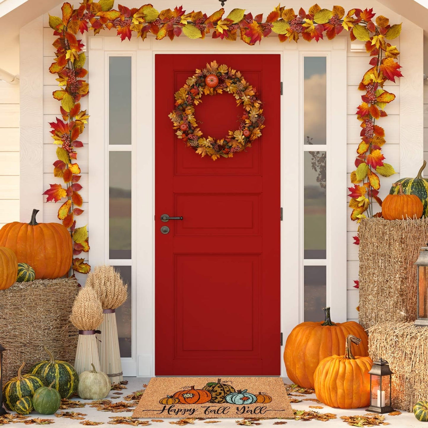 JarThenaAMCS Fall Natural Coir Doormat Autumn Pumpkin Floor Mat Rustic Farmhouse Non-Slip Rectangle Entrance Door Rug for Thanksgiving Harvest Indoor Outdoor Bathroom, 16.5 x 29.1 in