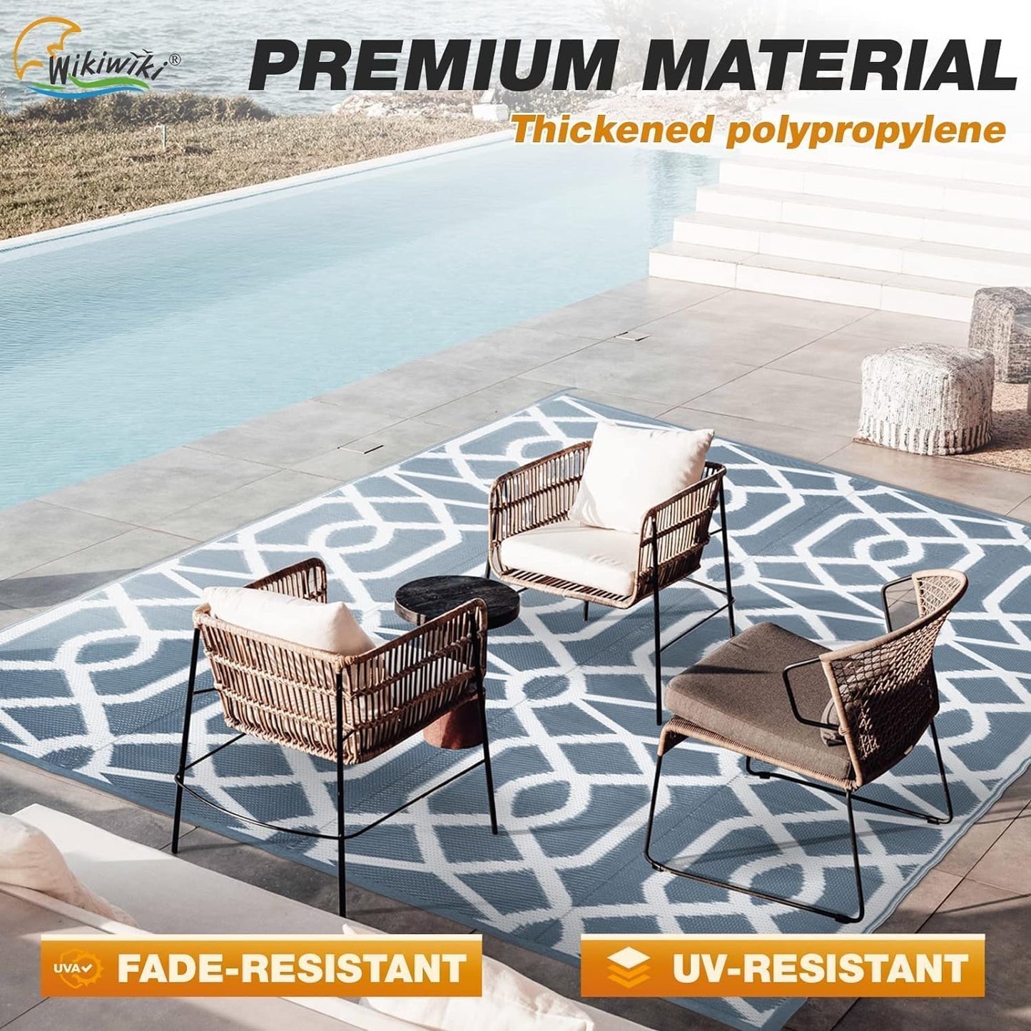 wikiwiki Outdoor Rug, 6x9ft Waterproof Reversible Mat Indoor Outdoor Rugs Carpet, Small Area Rug Plastic Straw Rug for Patio Deck Balcony Pool RV Camping Beach Picnic, Grey, Rugscape Series