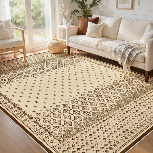 Joydeco Vintage Beige Bedroom Rug, Washable 5x7 Rugs for Living Room Non Slip, Boho Geometric Ultra-Thin Soft Indoor Floor Throw Carpet for Nursery Entryway Bathroom Dorm Foyer