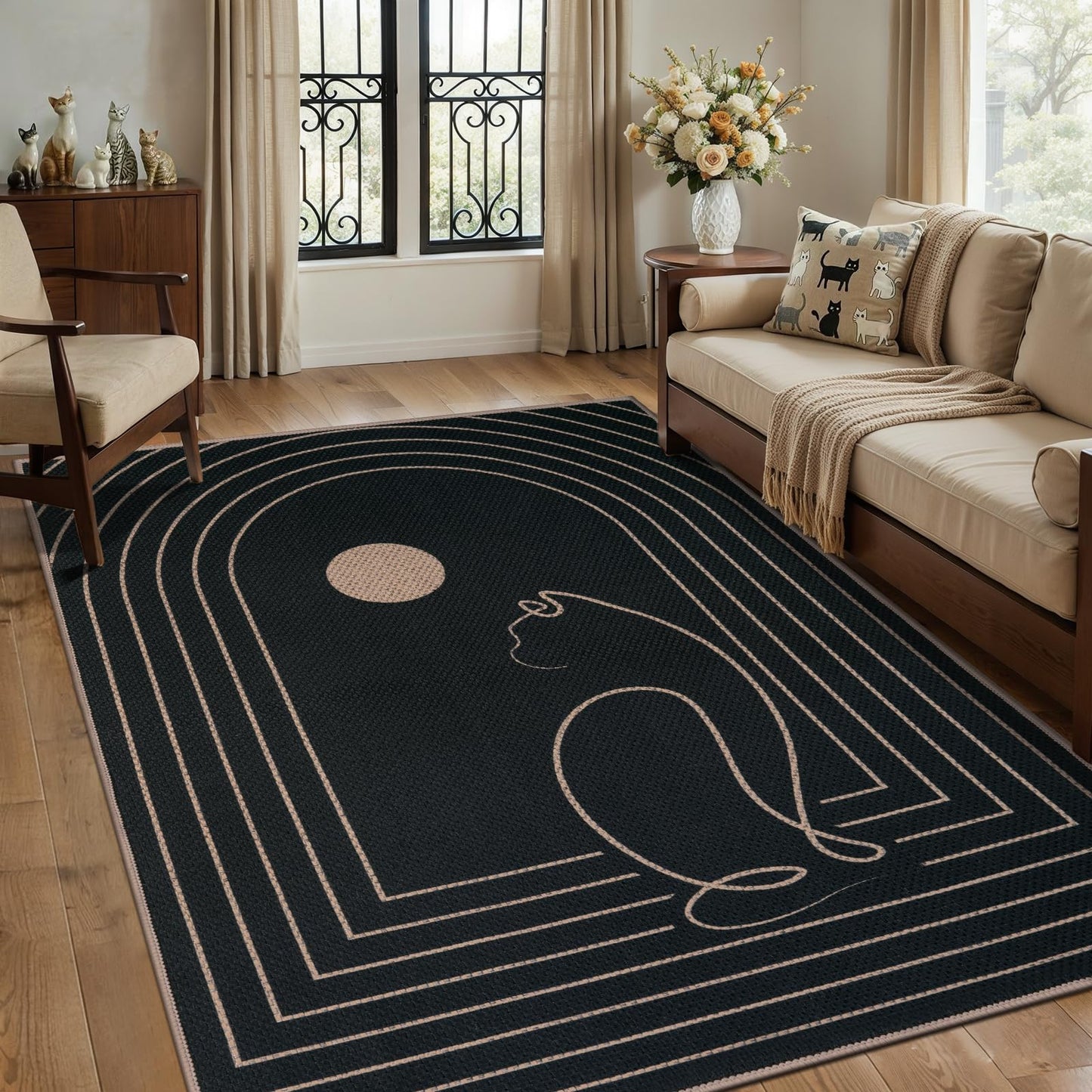Tangsoo Modern Easy Jute 4x6 Washable Area Rug for Patio,Black Non-Slip Thin Outdoor Rug Farmhouse Indoor Floor Carpet,Cat Pattern Throw Mat for Front Porch Bedroom Balcony Sunroom