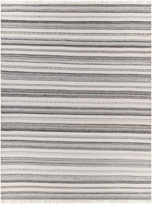 Hauteloom Geographe Recycled Material Living Room, Bedroom Area Rug - Striped Geometric Border - Contemporary Modern Minimalist Farmhouse Boho - Beige, Dark Red, Charcoal, White, Gray - 5' x 7'6"