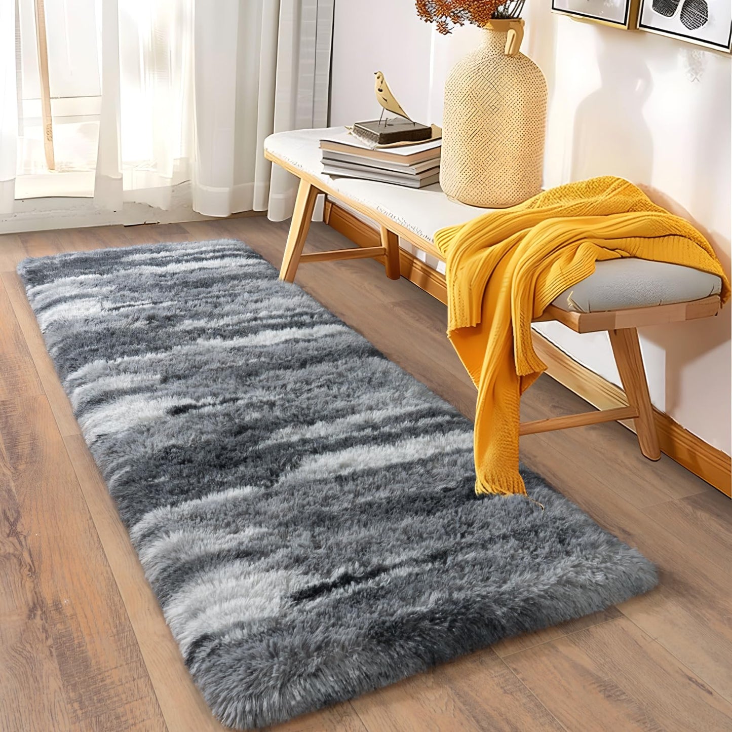 Ailyei Soft Runner Rugs for Bedroom Hallways, 2x6 Abstract Grey Fluffy Shag Throw Area Rug Non Slip for Bedside Dorm, Long Shaggy Furry Carpet for Nursery Living Room