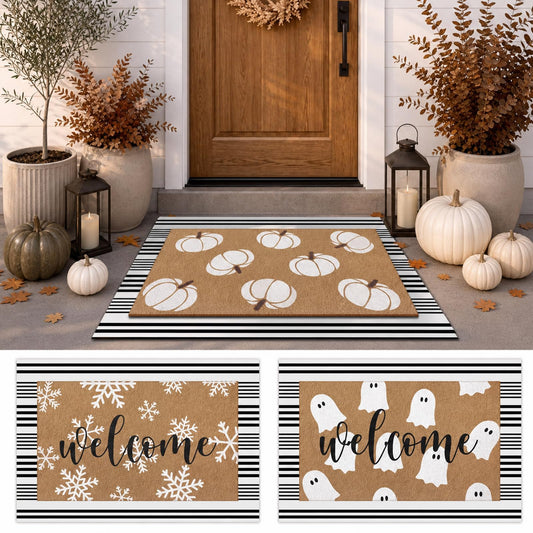 HunnmingRe 4 Pcs Fall Halloween Christmas Door Mats Outdoor with Striped Entrance Rug for Front Door Non Slip Layered Pumpkin Ghost Snowflake Welcome Mat Neutral Seasonal Decor for Front Porch