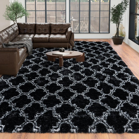 Dssimo Super Fluffy Moroccan Trellis 8x10 Area Rugs for Living Room, Modern Large Geometry Black Rug for Bedroom, Non-Slip Plush Shaggy Thick Black Carpet for Kids Room Dorm Indoor Home Office Decor