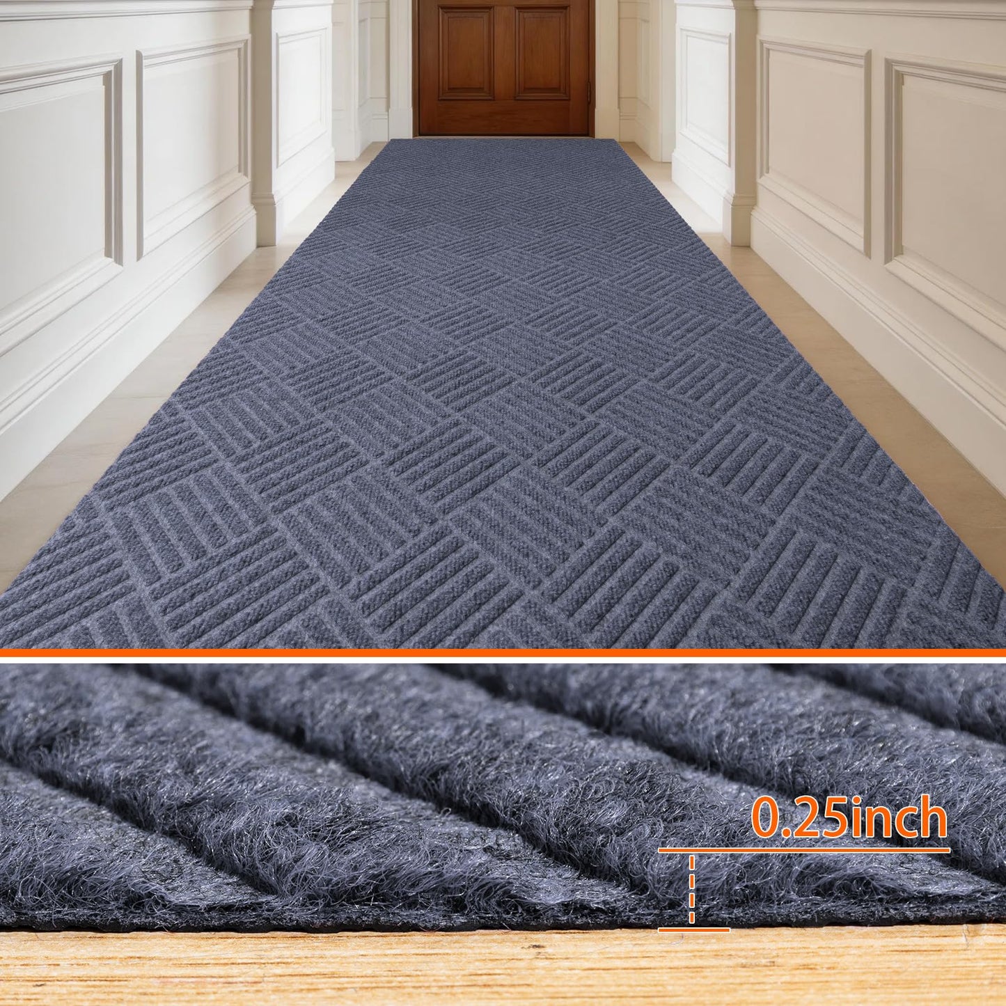 Indoor Outdoor Runner Rug 3 x 15 ft, Gray Non Slip Rubber Backed Floor Runner, Low Profile Area Carpet for Hallway, Kitchen, Entryway, Balcony, Garage, Stairs & Laundry, Geometric