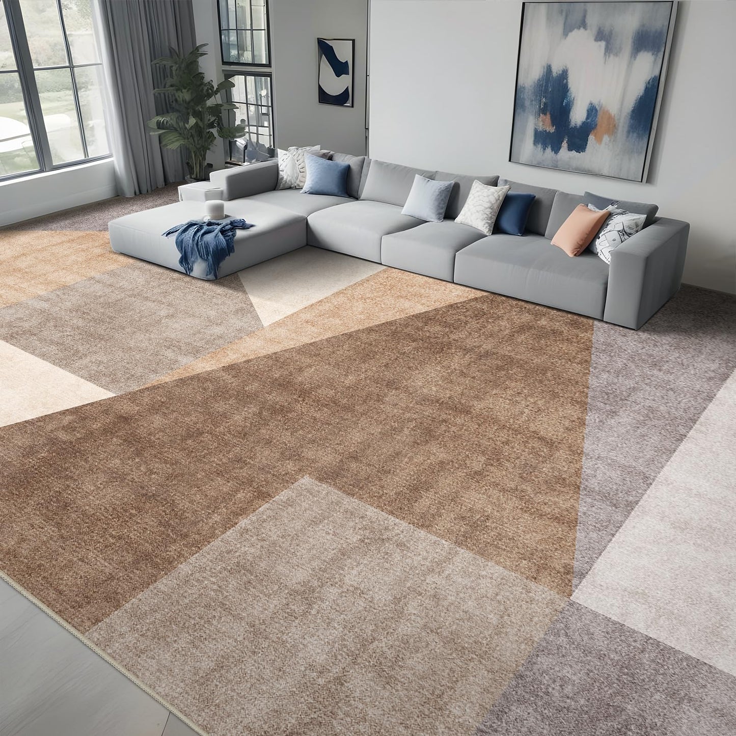 10x14 Washable Modern Area Rug: Large Geometric Non-Slip Carpet for Living Room Bedroom Pet Friendly Low Pile Stain Resistant Soft Floor Mat for Home Office Brown