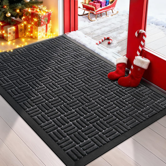 Mibao Front Door Mat Outdoor Entrance, 29.5" x 17" Heavy Duty Welcome Mat for Outdoor and Indoor, Waterproof Dirt Trapper Doormat, Super Absorbent Indoor Entryway Mat for Patio & Porch - Black