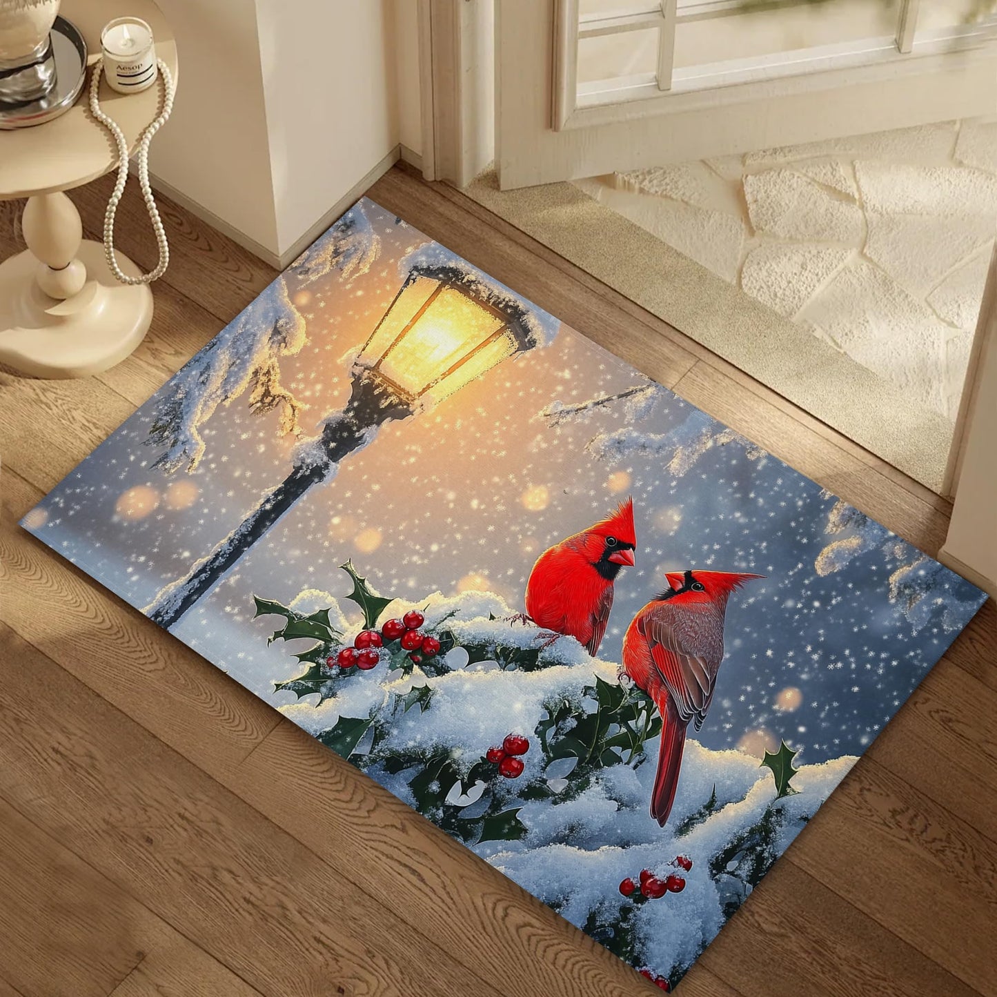 Winter Cardinal Welcome Mat,Christmas Snow Indoor Rugs for Entryway,Anti-Slip Low Profile Doormats Porch Mats for Front Door Stairway Rug Living Room Floor Mat 30 x 17 Inch