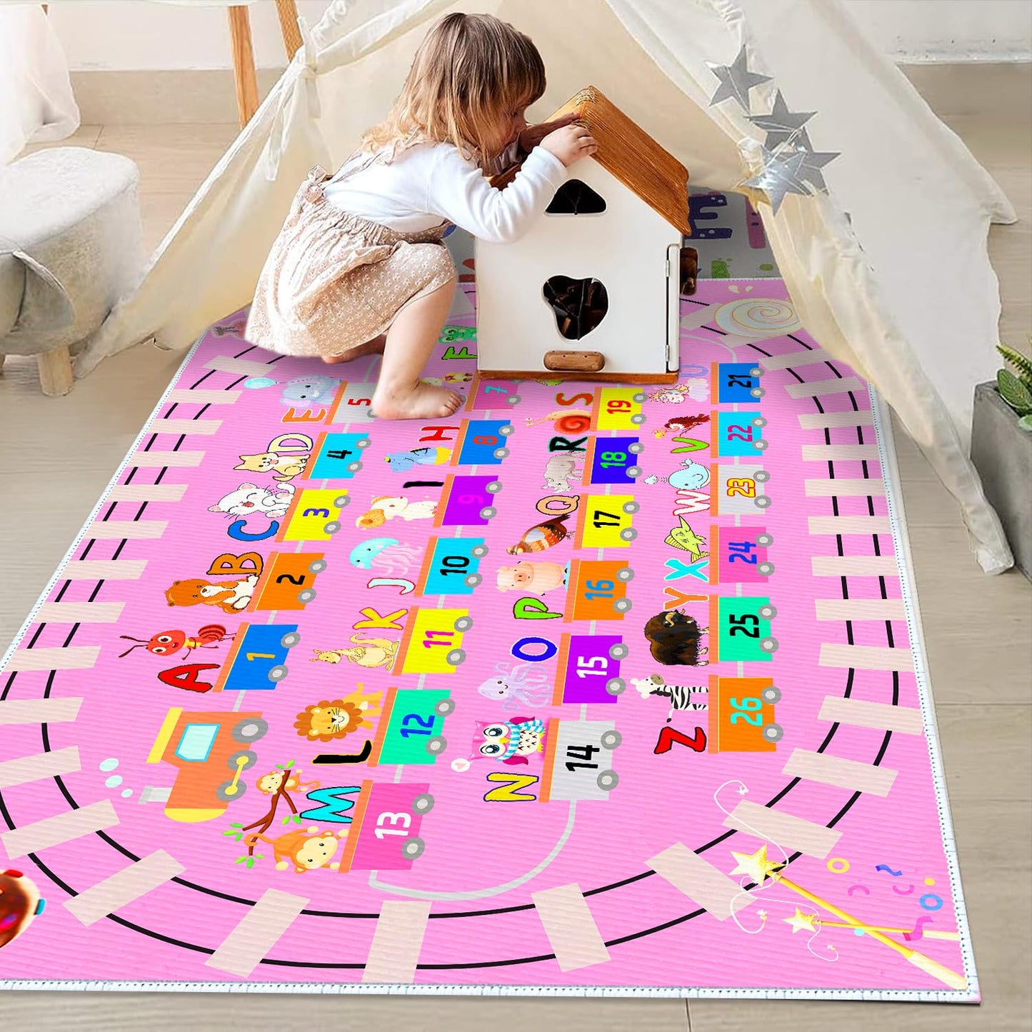 DoRlPIeY Kids ABC Pink Play Rug, Girl Alphabet Rugs with Numbers Animal Train and Road Shapes Learning Fun Educational Carpet, Playmat for Kid Bedroom Playroom(31x47 in Small Pattern)