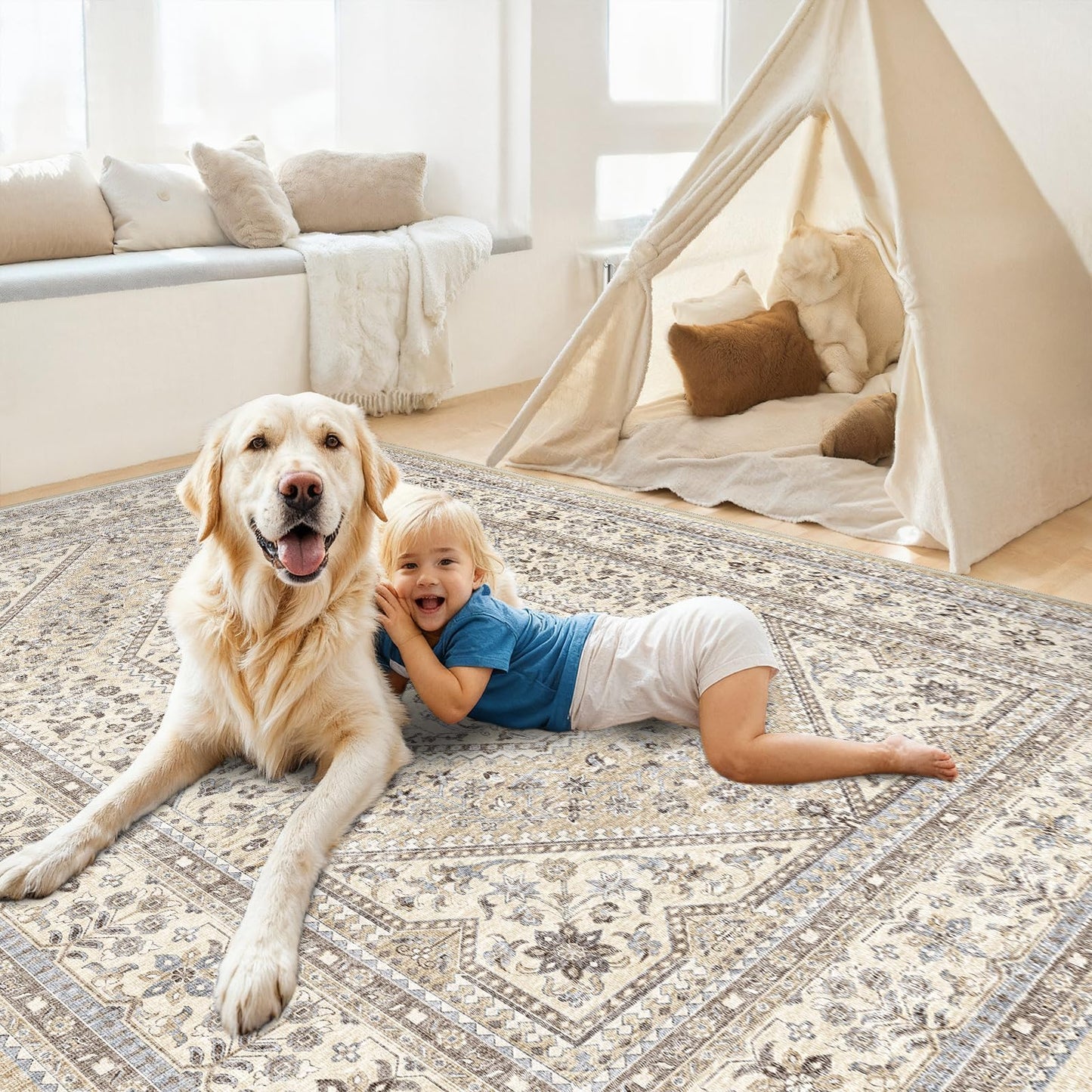 Washable 7x9 Area Rugs for Living Room: Soft Bedroom Rug Non Slip Rugs with Rubber Backing Ultra Thin Low Pile Carpet for Dinging Room Home Office Decor Beige/Gray