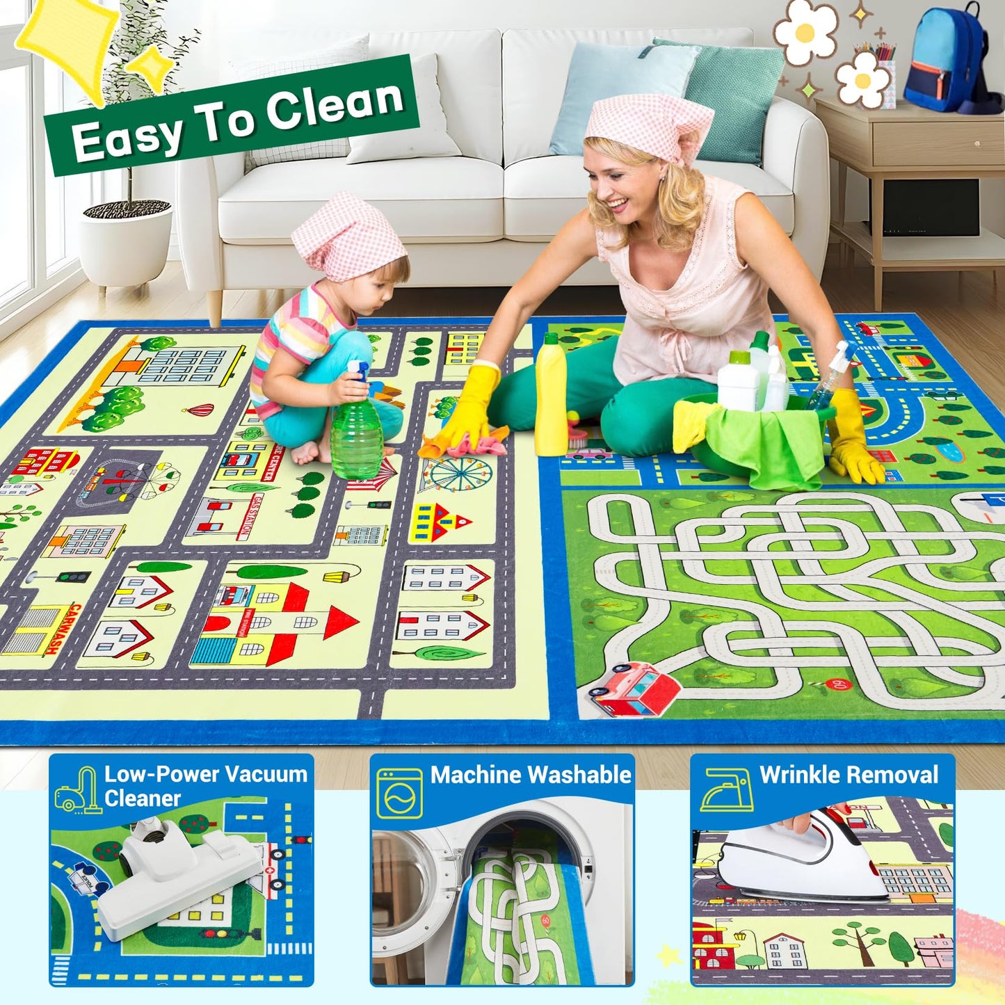 GarveeHome Washable Kids Rug 8x10 ft Kids Carpet Play Mat Car Play Rug, City Life Traffic Road Large Children Educational & Game Area Rug for Toddler Boys Girls Bedroom Playroom Classroom Nursery