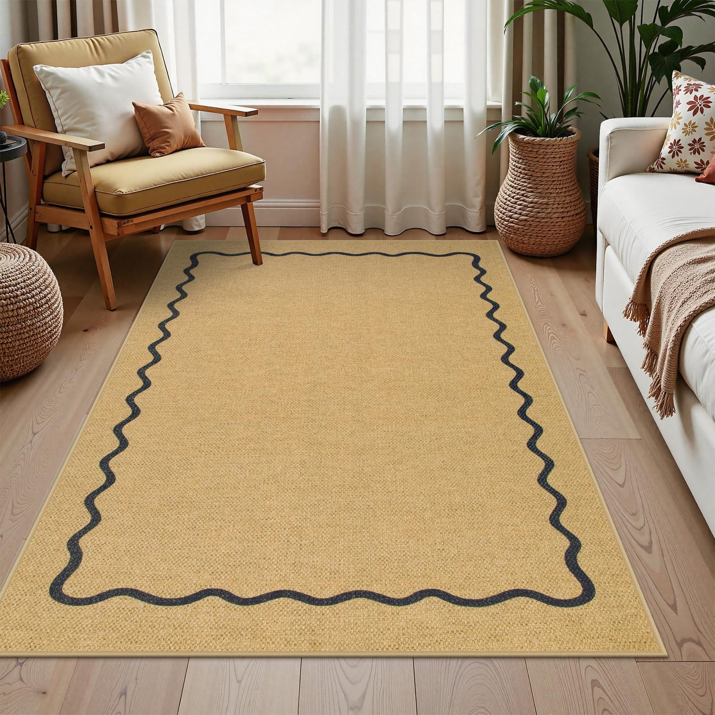 Sungea Outdoor Patio Rug 5x7 Washable Easy Jute Rug, Non-Skid Scalloped Geometric Floor Mats for Living Room, Neutral Modern Foldable Low-Pile Minimalism Carpet for Bedroom Backyard Home Decor