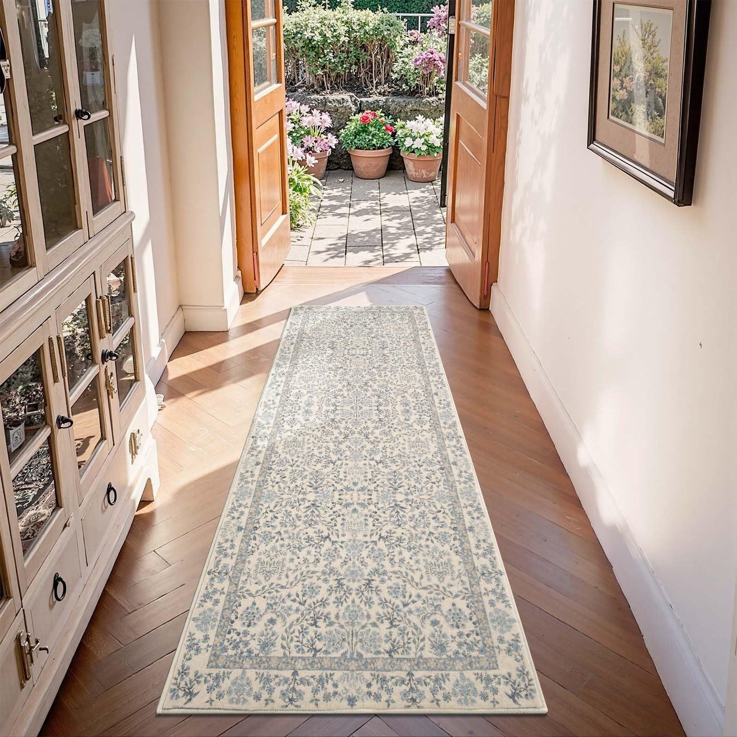 jinchan Zenith Floral Runner Rug 2x6 Washable Kitchen Runner Non-Slip Low-Pile Soft Carpet Runner Botanical Throw Rug for Entryway Laundry Room Hallway Bedroom Blue/Cream