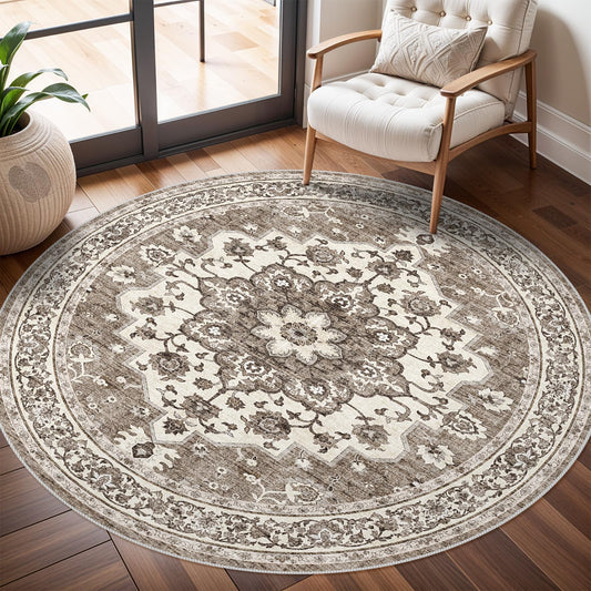 TOPRUUG Washable Oriental Area Rug - 6ft Round Rugs for Living Room Soft Carpet for Bedroom Waterproof Floral Distressed Indoor Stain Resistant Non-Shedding Floor Carpets (Beige, 6ft-Round)