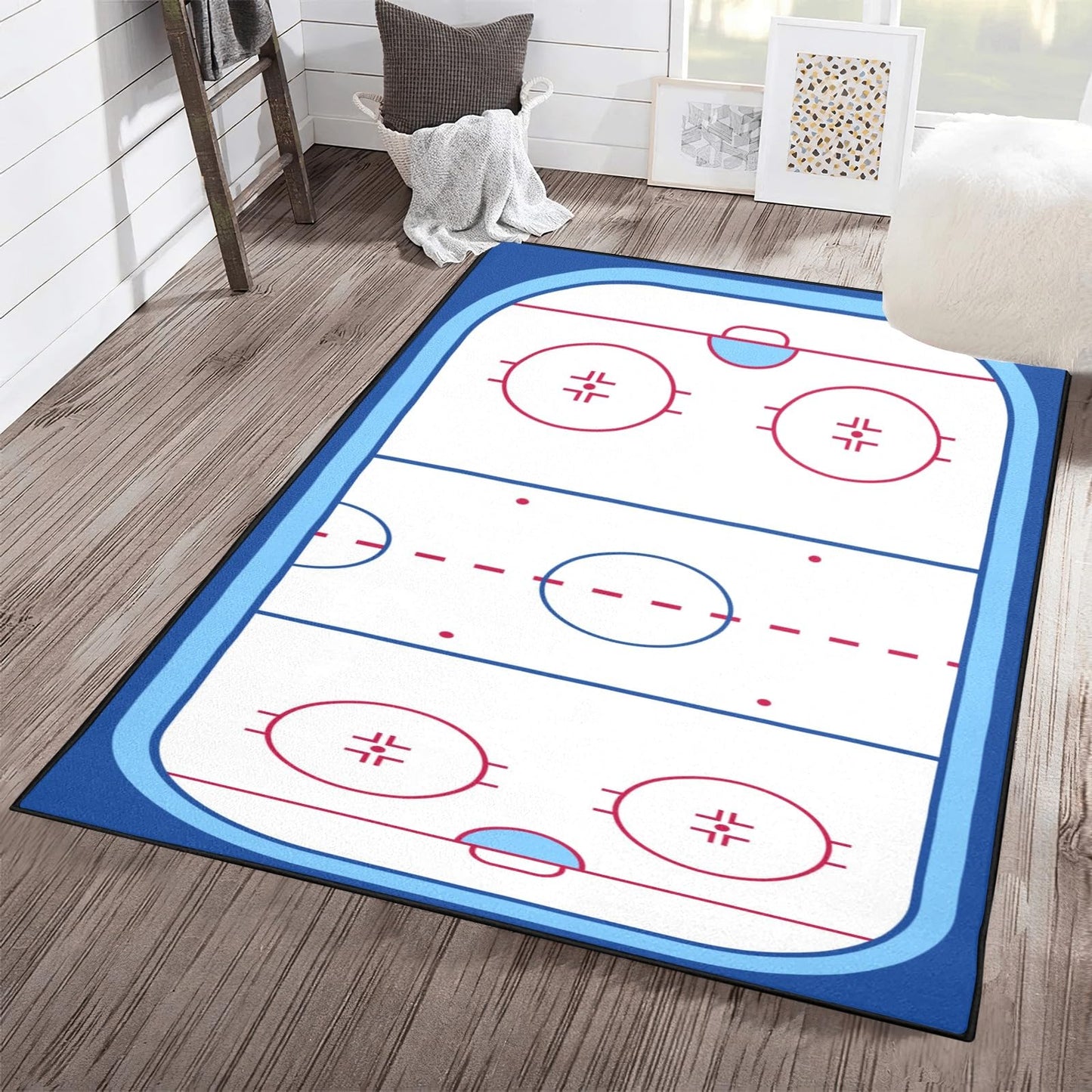 Ice Hockey Rink Printed Area Rug American Ice Hockey Sport Carpet Winter Sport Game Area Rugs Non-Slip Floor Mat for Living Room Bedroom Playroom Decor Gift for Ice Hockey Lovers 4'x 5.3'