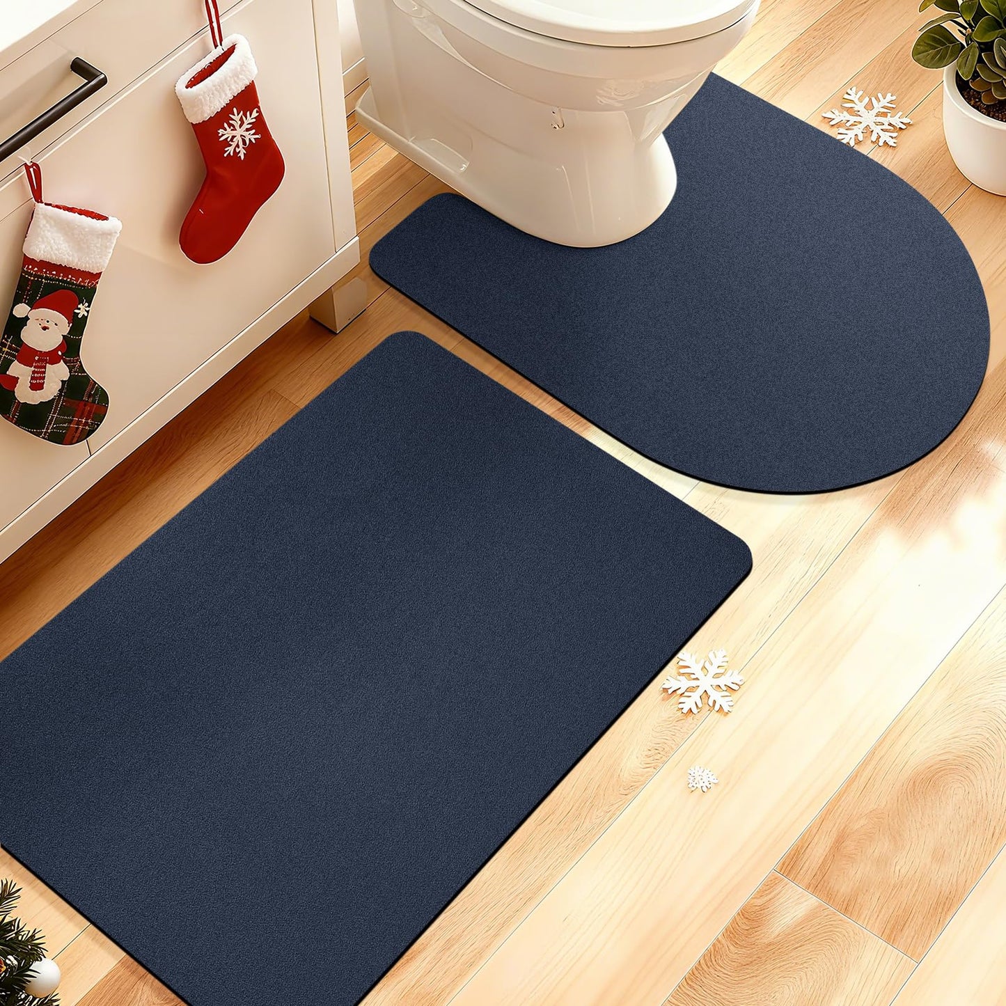 ACCUMTEK Non Slip Bath Mat, Thin Bathroom Rugs Fit Under Door, Quick Dry Bath Mats, Machine Washable Bath Rugs for Bathroom, Bathtub & Kitchen, Bathtub, Dark Blue/Solid/2 Piece