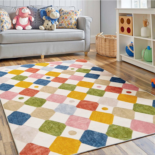 jinchan Macy 3x5 Area Rug for Kids Room Modern Colorful Checkered Diamond Nursery Rug Indoor Washable Soft Non Slip Carpet for Playroom Classroom Bedroom Dorm Daycare Living Room Circus on Cream