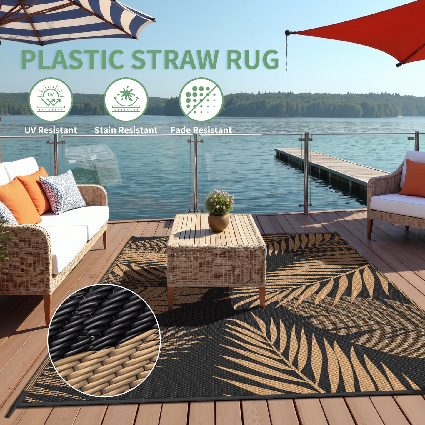 sarben Outdoor Rug 4' x 6' Waterproof for Patios Clearance, Reversible Plastic Straw Indoor Outdoor Rug for RV, Picnic, Backyard, Deck, Balcony, Porch, Beach, Black and Brown
