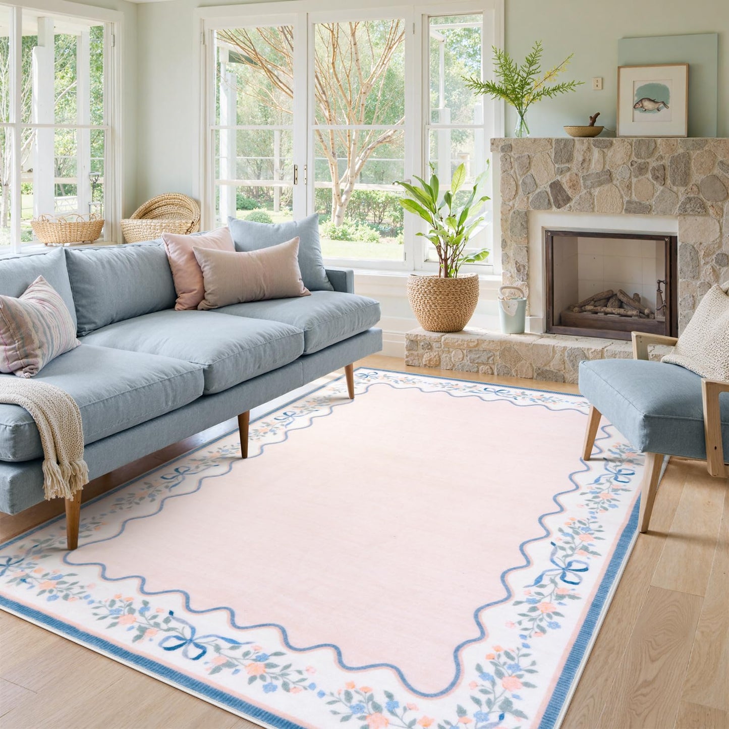 Seavish Pink Floral Rugs for Bedroom Girls, 5x7 Area Rugs for Living Room, Soft Washable Scalloped Nursery Rug, Boho Farmhouse Non-Slip Low Pile Carpet Rug for Kids Playroom Dining Room Office