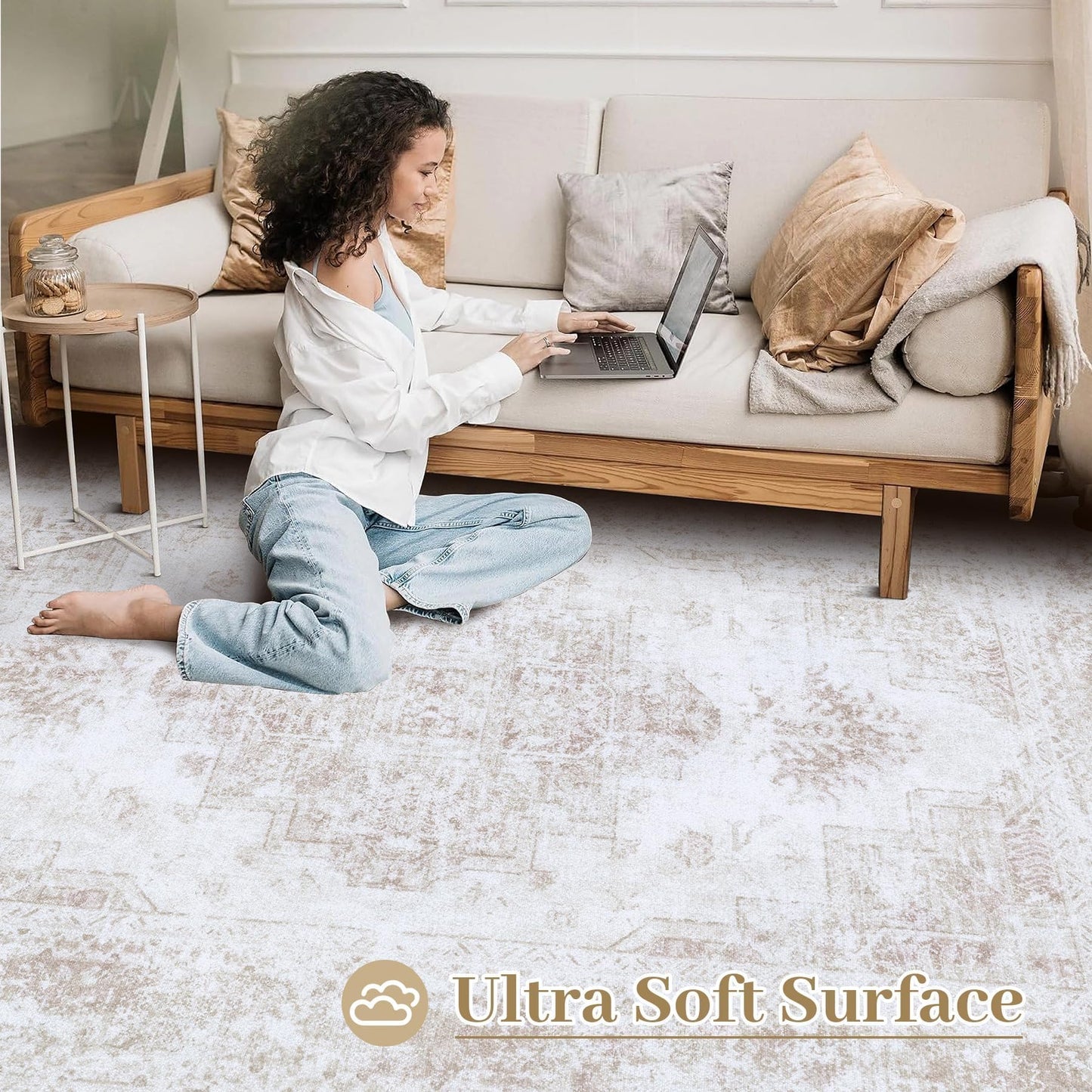 XLUEZ Area Rug 9x12 Living Room Rug, Machine Washable Vintage Distressed Medallion Rug Non-Slip Soft Low Pile Large Indoor Rugs for Bedroom Kitchen Dining Room Office(Beige,9'x12')