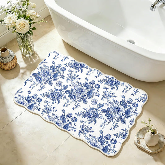 Whaline Blue Floral Rug Mat 32 x 20 Inch Chinoiserie Absorbent Bathmat Vintage Flower Scalloped Bathroom Rug for Birthday Home Kitchen Living Room Decor