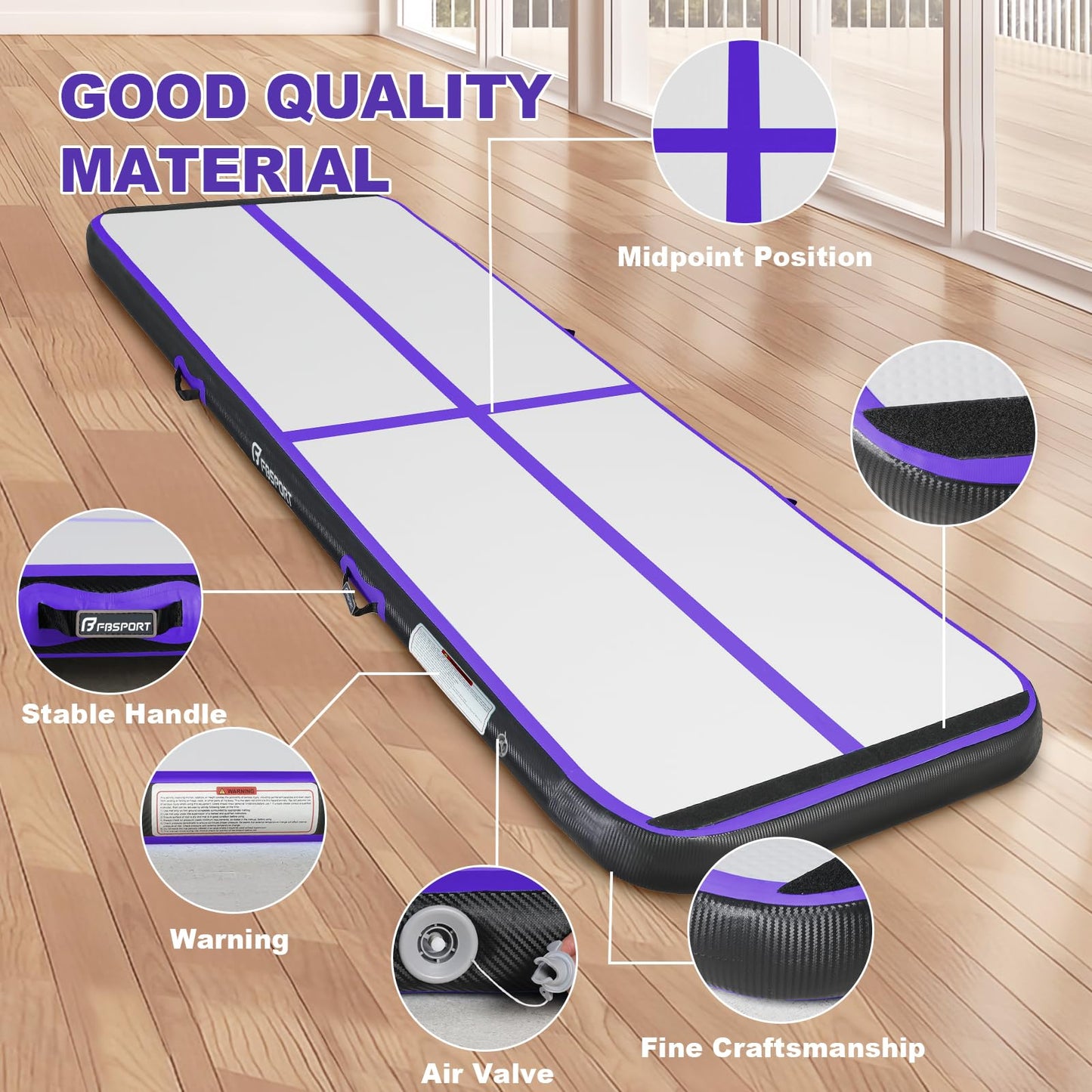 FBSPORT 10ft Inflatable Air Gymnastics Mat Training Mats 8 inches Thickness Gymnastics Tracks for Home Use/Training/Cheerleading/Yoga/Water with Pump