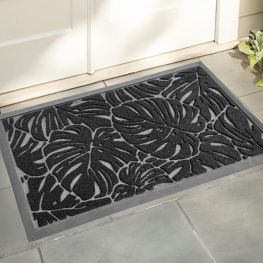 Homantic Monstera Front Door Mat Outdoor Indoor Leaf Welcome Doormat Entrance Rubber Mats for Patio Waterproof Entry Entryway Easy Clean Floor Mats Black 30"x17"