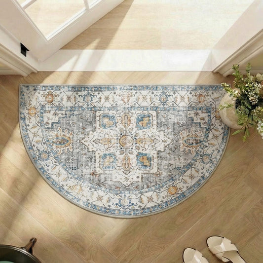 jinchan Vintage Floral Washable Small Area Rug, 2x3 Half Circle Symmetrical Entryway Rug, Low Pile Soft Non Slip Doormat Dirt Trapping Carpet for Bathroom Vanity Indoor Entryway, Retro Grey/Blue