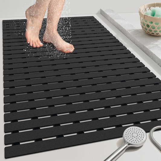 OTHWAY Large Shower Mat, 35.4 x 24 Inch No Suction Cup Shower Mat Non Slip, Quick Drain Non Slip Shower Mats for Inside Shower, Heavy Duty Curlable PVC Stand up Shower Floor Mat, Black
