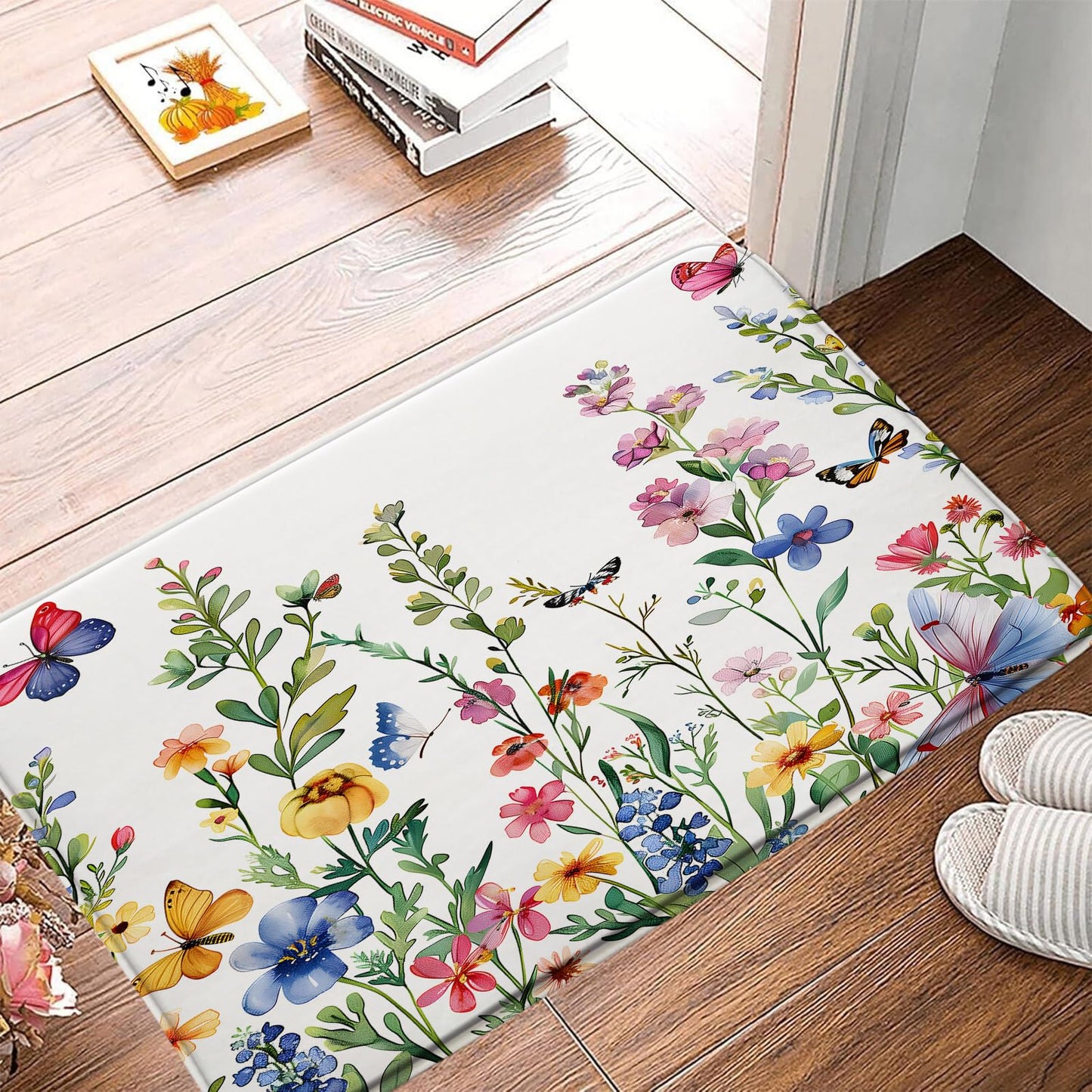 CCXTCZ Floral Plant Bath Mat Flower Butterfly Watercolor Wildflower Botanical Boho Leaves Nature Colorful Rustic Spring Bathroom Kitchen Rugs,17.8x29.5 Inch