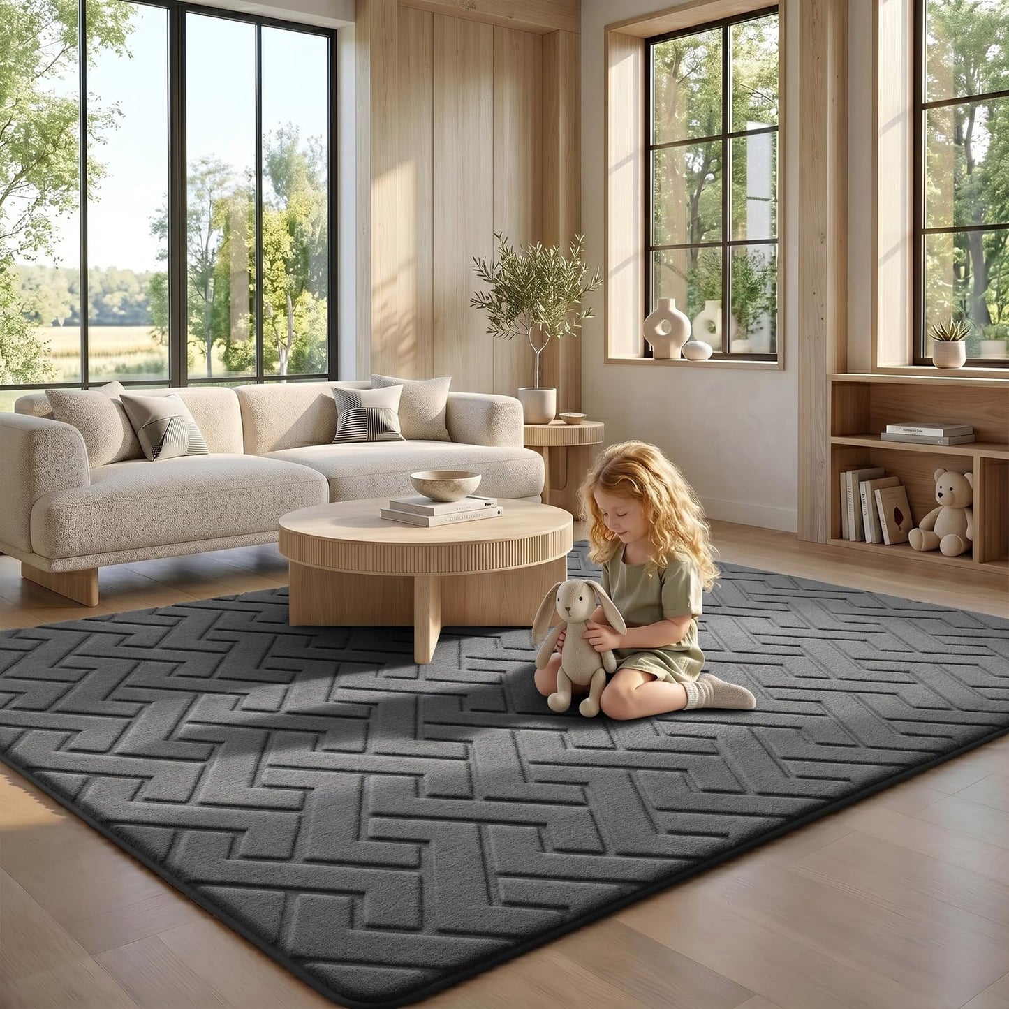 Sour Lemon 8x10 Area Rugs for Living Room, Washable Grey Rugs for Bedroom Large Soft Area Rugs Indoor, Modern Non Slip Rug Carpet for Bedroom Kids Room Dorm Dining Room Office Home Decor