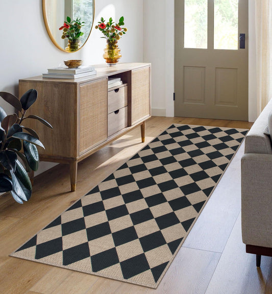Rugalia Easy Jute Checkered Runner Rug, 2x6 Black Modern Washable Rugs Runner for Hallway Non-Slip Long Kitchen Rug, Geometric Diamond Indoor Outdoor Carpet for Porch Laundry Entryway