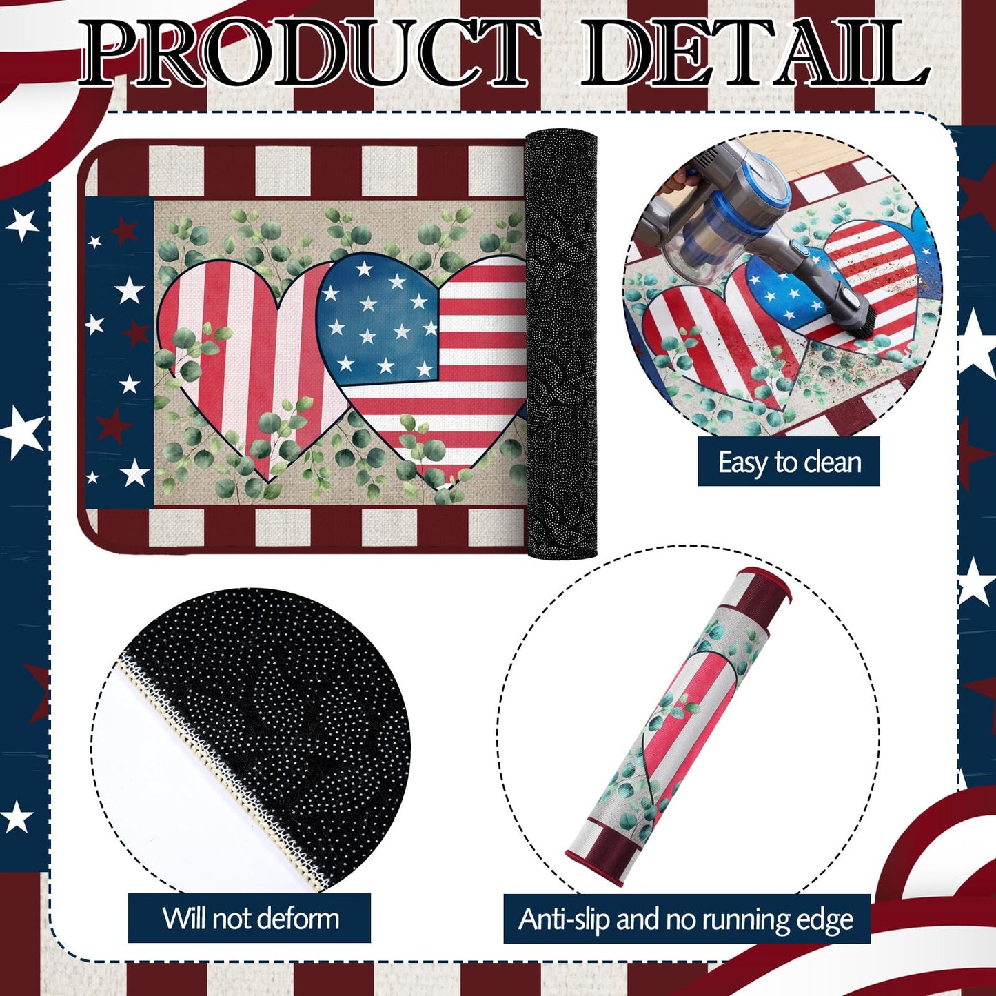 Bencailor 3 Pcs Patriotic Kitchen Rugs and Mats Set Non Slip Memorial Day 4th of July Mats for Floor Home Bathroom 250th Anniversary Decor