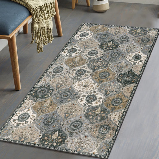 Lahome Moroccan Trellis Small Area Rug, 2x4 Rugs for Entryway Non-Slip Vintage Ultra-Thin Washable Indoor Door Mat Distressed Throw Carpet for Bathroom Kitchen Bedroom Elise, Grey