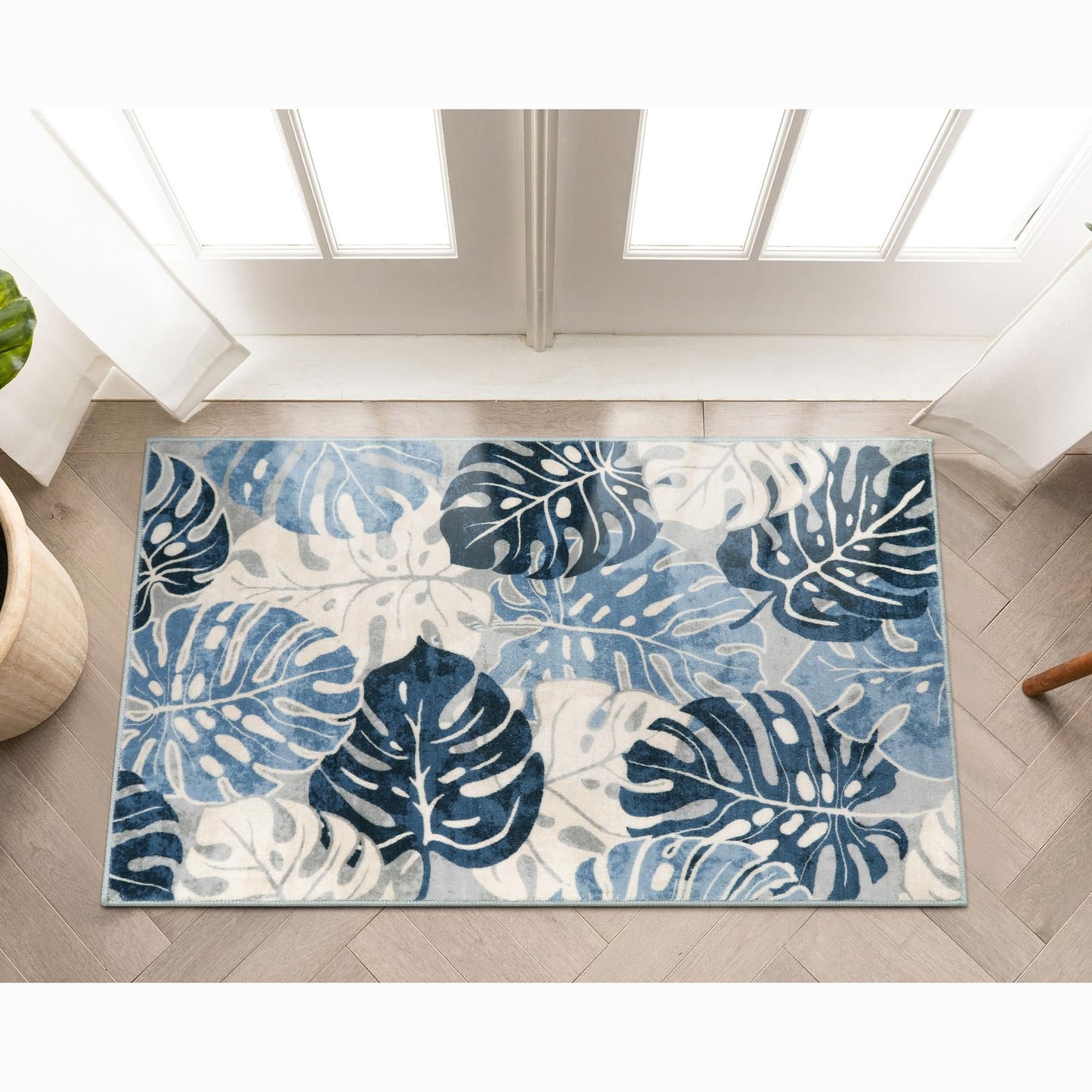 Wonnitar Leaf 2x3 Kitchen Rug, Small Bathroom Blue Rug, Washable Bedside Accent Mat, Monstera Plant Coastal Non-Shedding Soft Entryway Floor Carpet for Laundry Room Entrance Bath