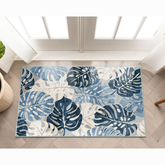 Wonnitar Leaf 2x3 Kitchen Rug, Small Bathroom Blue Rug, Washable Bedside Accent Mat, Monstera Plant Coastal Non-Shedding Soft Entryway Floor Carpet for Laundry Room Entrance Bath