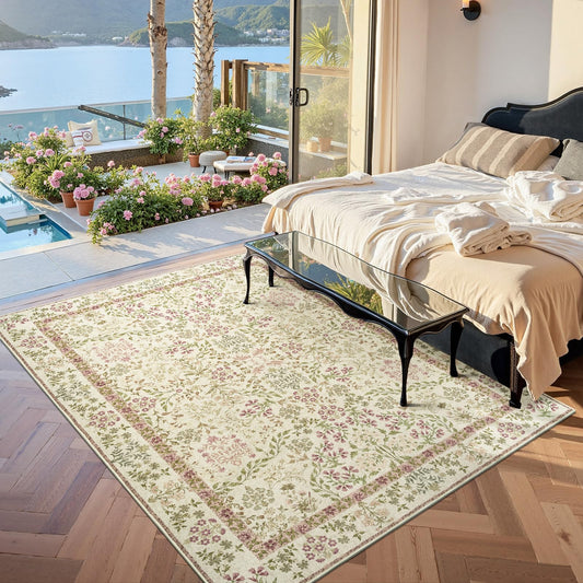 jinchan Zenith Floral 5x7 Area Rug Soft Low-Pile Living Room Rug Machine Washable Non-Slip Vintage Botanical Aesthetic Throw Carpet for Bedroom Dining Room Nursery Pastoral Green